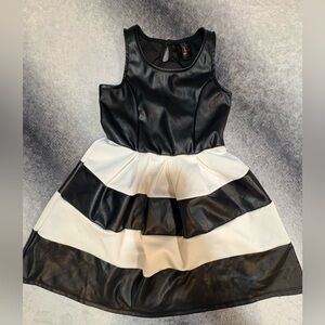 (A3) 2 Hip Girls Faux Leather Striped Dress Size 6 Black White Fit Flare Party